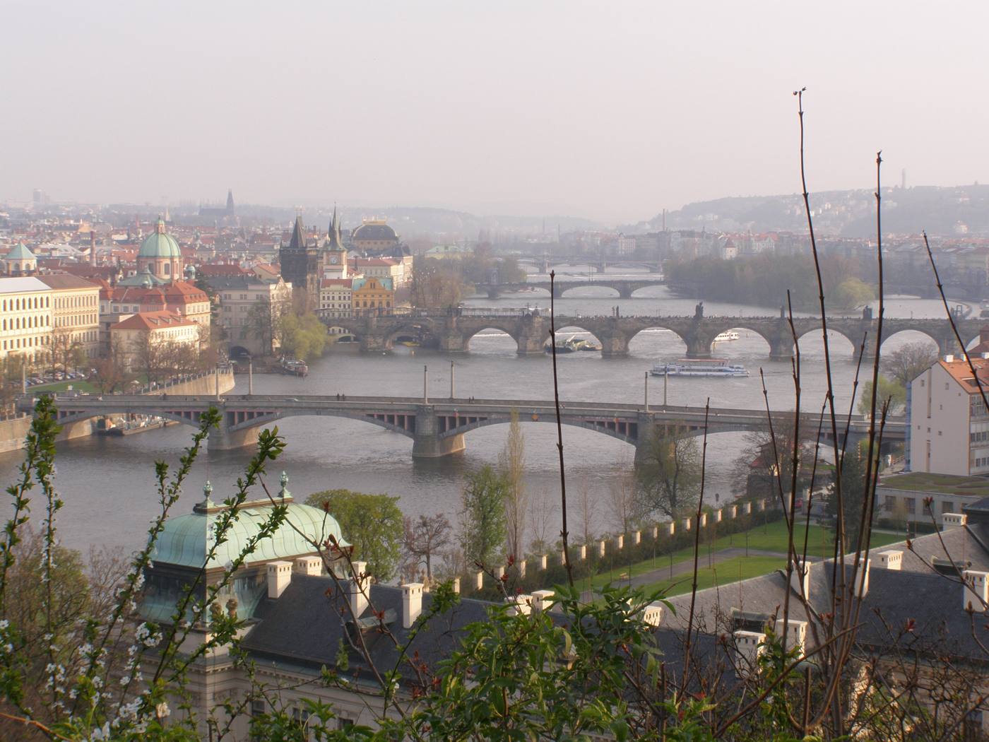 View south from Letná over the Vltava and its line of bridges