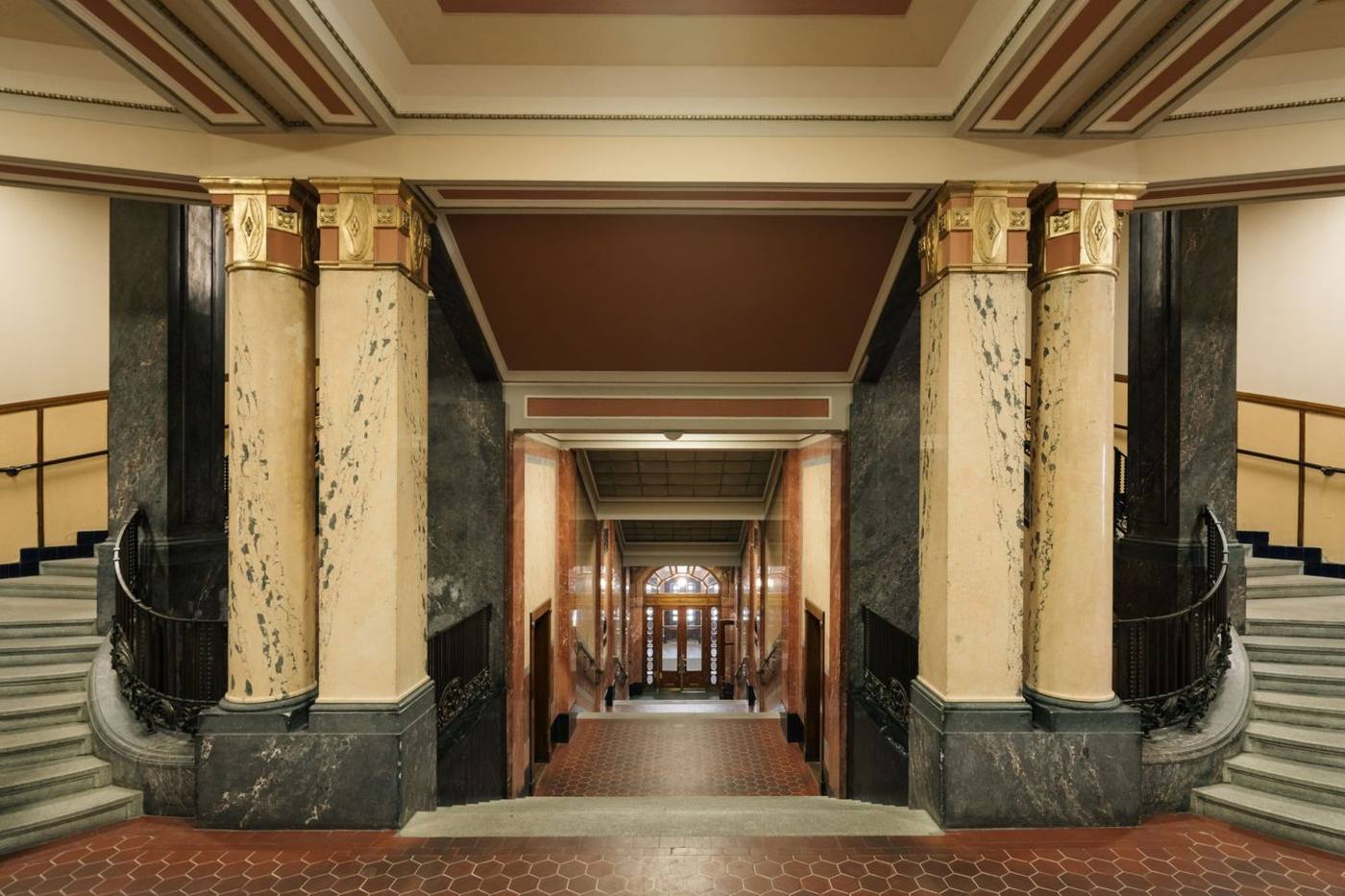 The marble-columned 1911 staircase hall inside the New Town Hall