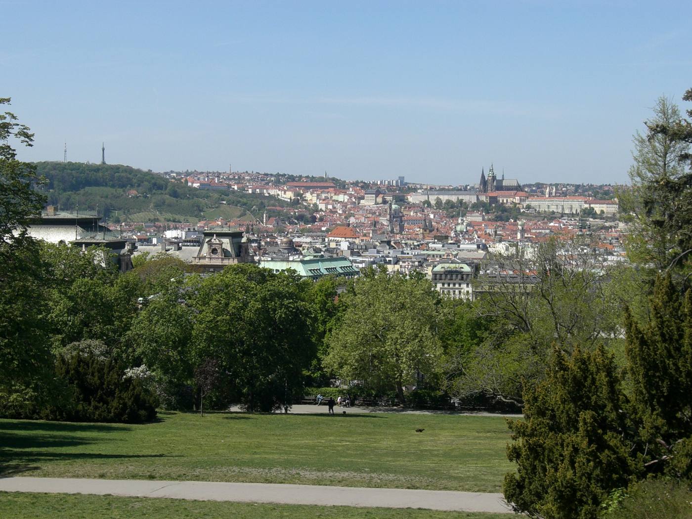 Green slope of Riegrovy sady with Prague Castle on the skyline beyond