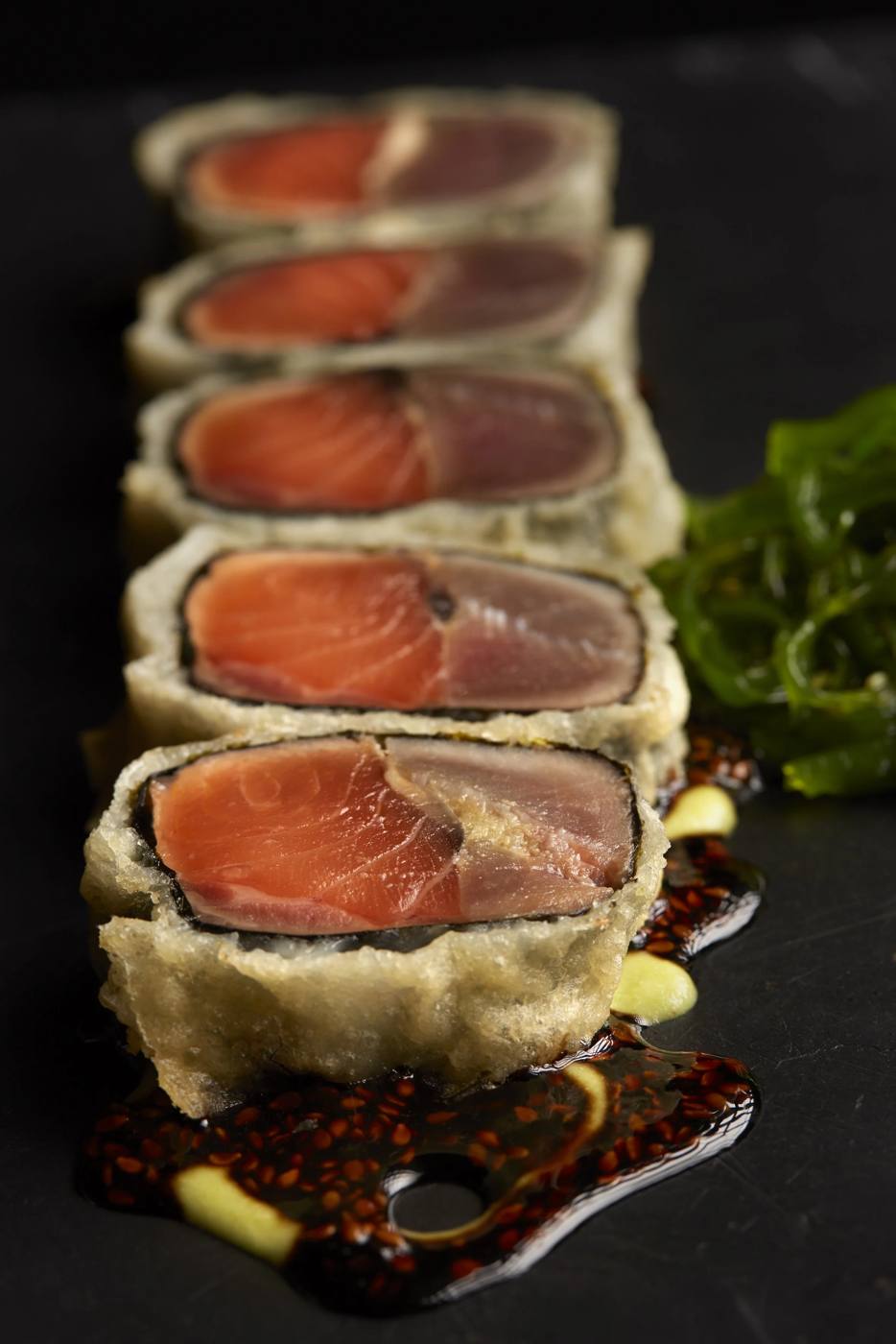 SaSa Crispy Roll: tempura-fried salmon and tuna maki slices on a slate plate