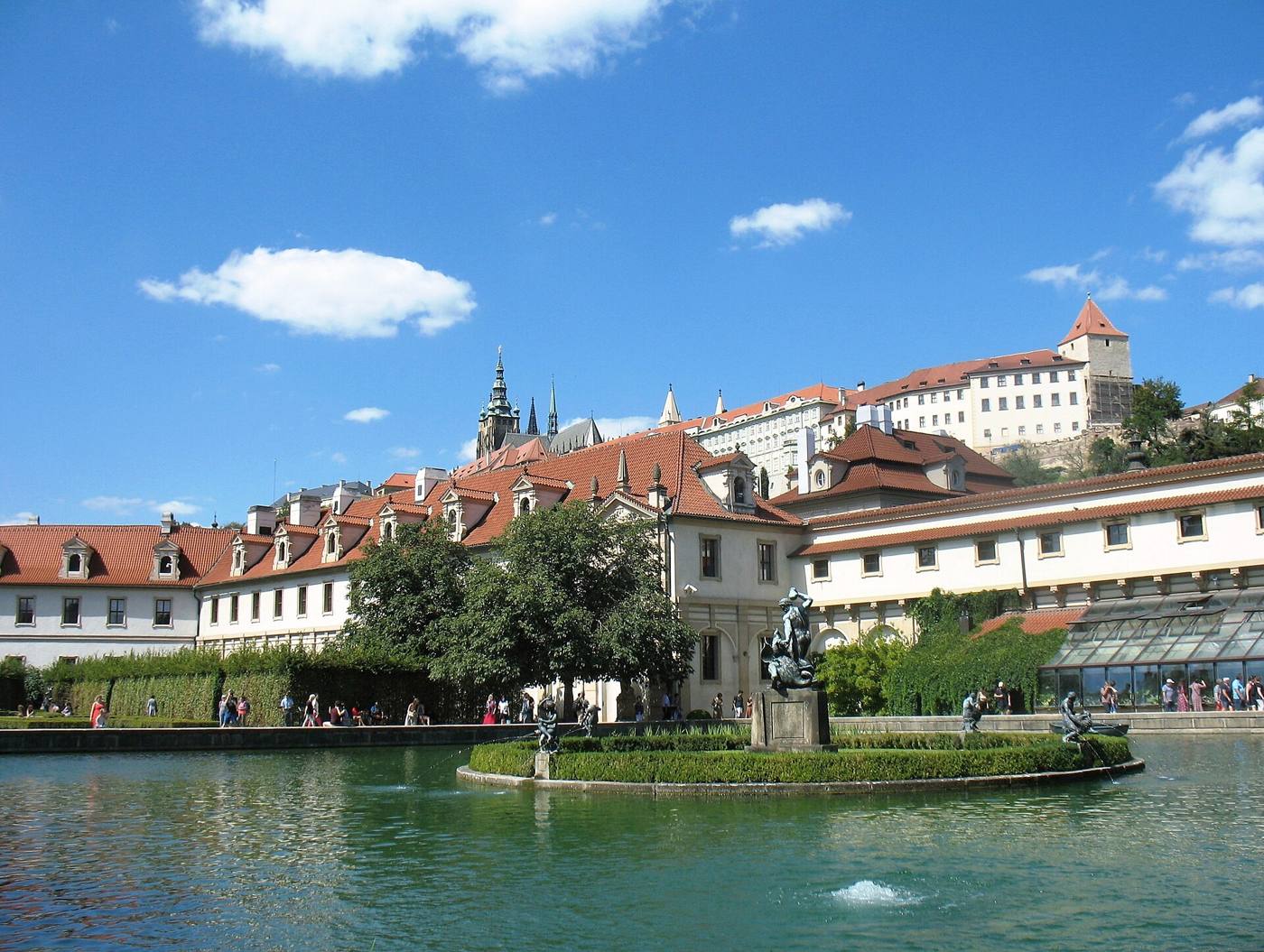 Wallenstein Garden pond and fountain, with Prague Castle rising above the palace roofs